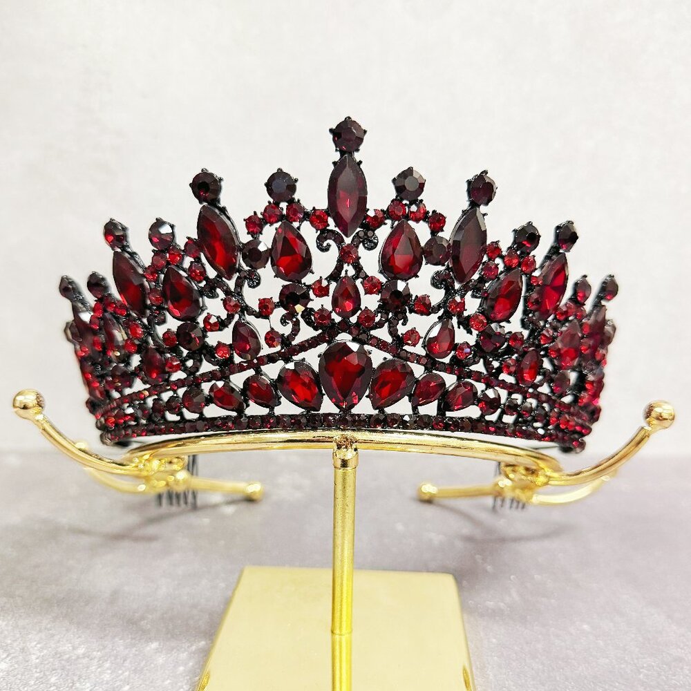 Red Crystal Tiara, Black comb tiara, vintage crystal crown, Prom hair jewelry